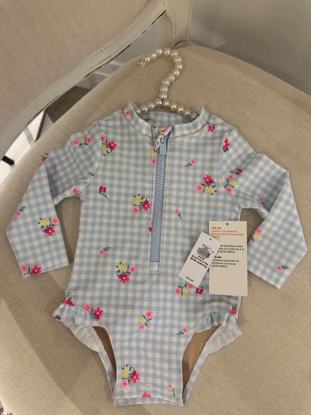 🦢 3~6 Mth Gingham Ruffle Floral Long Sleeve UPF Baby Swim Suit - Light Blue NWT